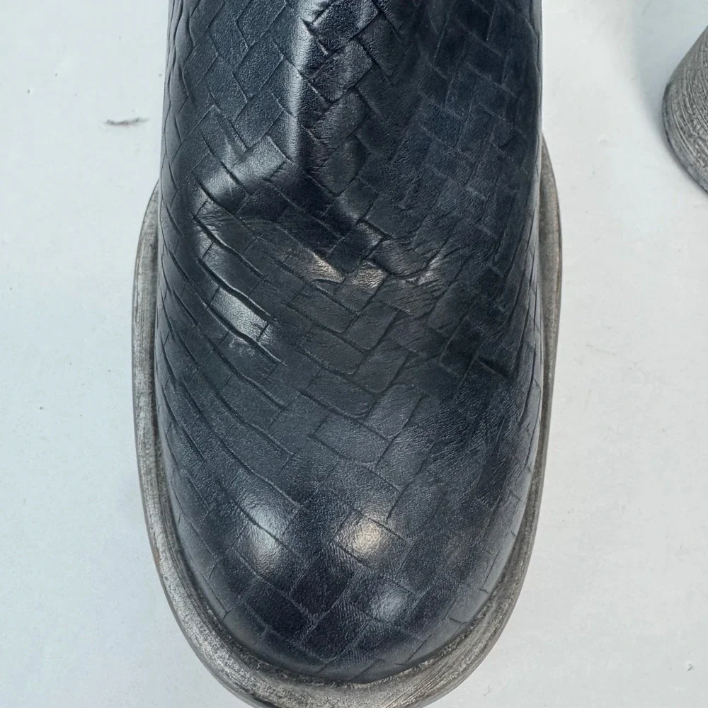 Free‎ People Brayden Woven Black Leather Ankle Boots Distressed Block Heel 6.5